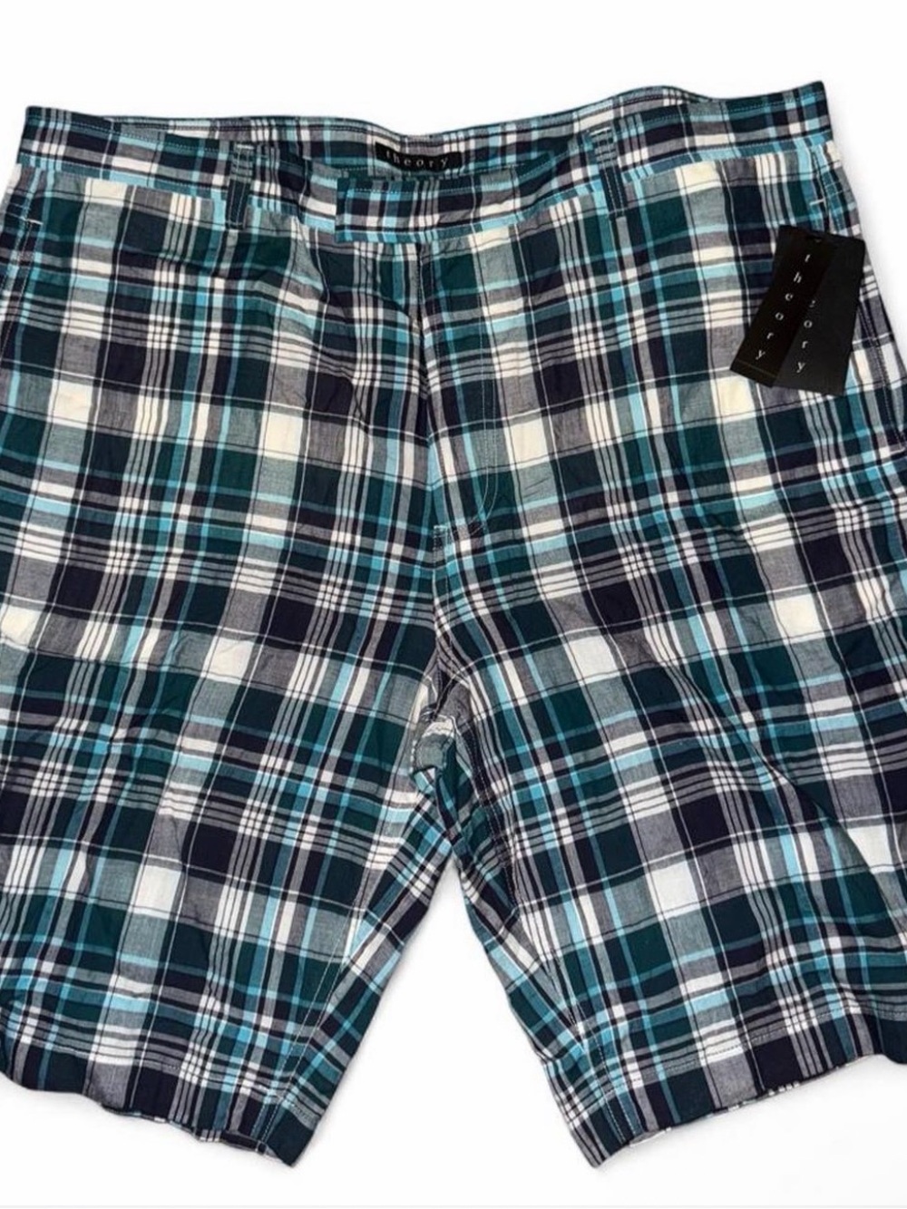 Theory Men’s Teal & Navy Plaid Shorts